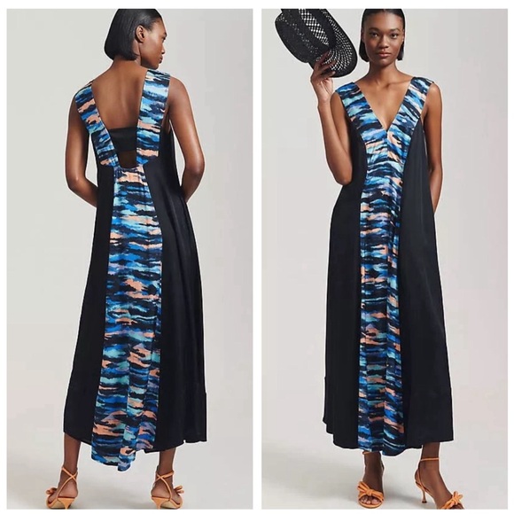 Anthropologie Maeve V-Neck Maxi Dress SZ 10 Petite Blue Sleeveless Summer